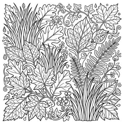 Unwind and explore the tranquil world of nature with this exquisite adult coloring page, bursting with intricate botanical elements. Its detailed design, featuring lush leaves and delicate flora, offers a deeply satisfying and meditative coloring experience.
