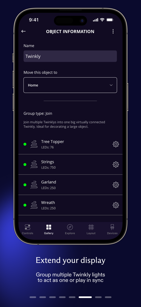 Twinkly app screen for grouping and syncing multiple smart LED lights