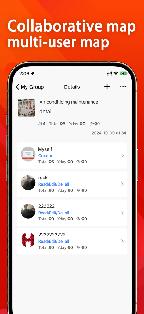 Map Marker：Pin, Track&Discover - Eine mobile Oberfläche, die Funktionen zur Teamzusammenarbeit innerhalb der Map Marker App anzeigt, in der Benutzer Gruppenmitglieder und deren Zugriffsrechte verwalten.