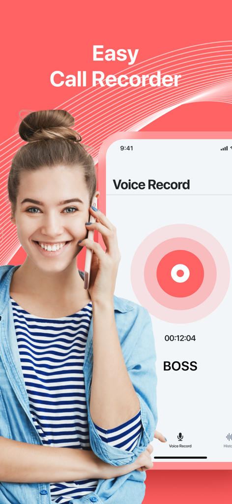 Smiling woman using an iPhone with Call Recorder Pro app interface recording a call