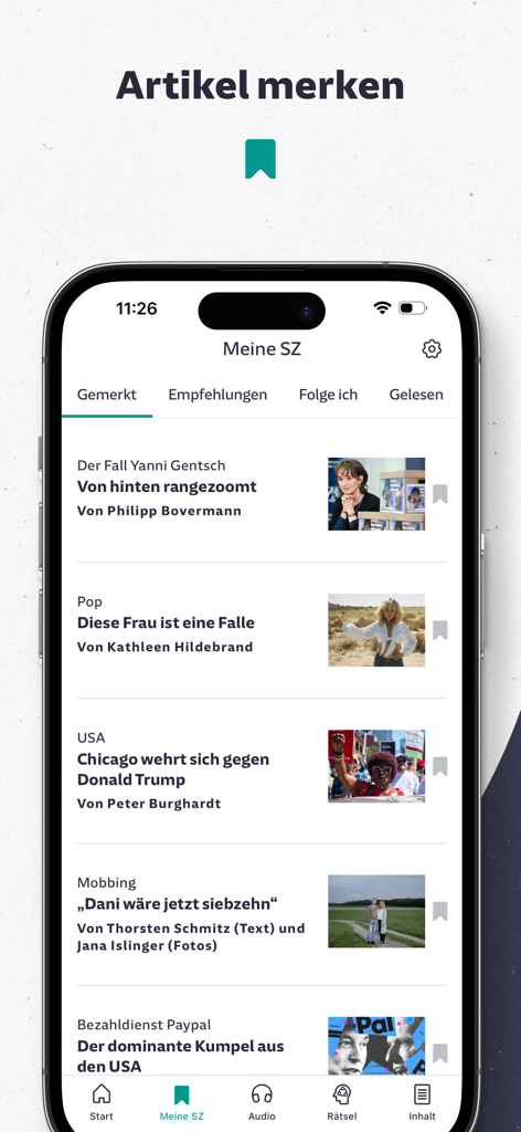 SZ Nachrichten - La sección de marcadores Meine SZ en la aplicación de noticias SZ Nachrichten mostrando una lista de artículos guardados.