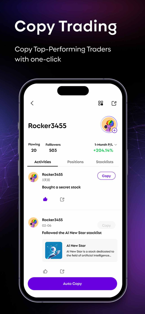 Interfaz de la aplicación RockFlow mostrando la función de copy trading con estadísticas de rendimiento del trader y un botón de copia automática