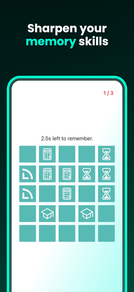 LOGIC Duel: Math Games - A memory challenge screen from the LOGIC Duel app featuring a grid of icons like calculators and hourglasses with a countdown timer