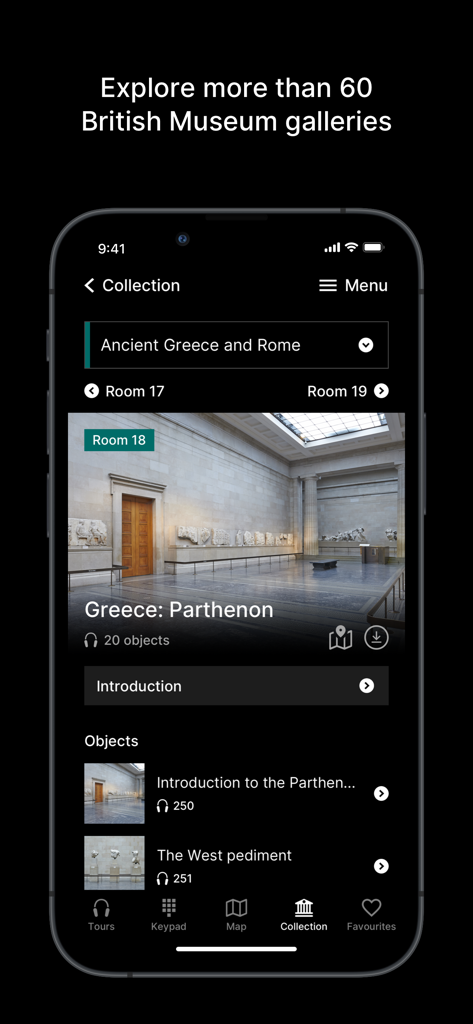 British Museum Audio - The British Museum Audio app displaying the Ancient Greece and Rome gallery collection.