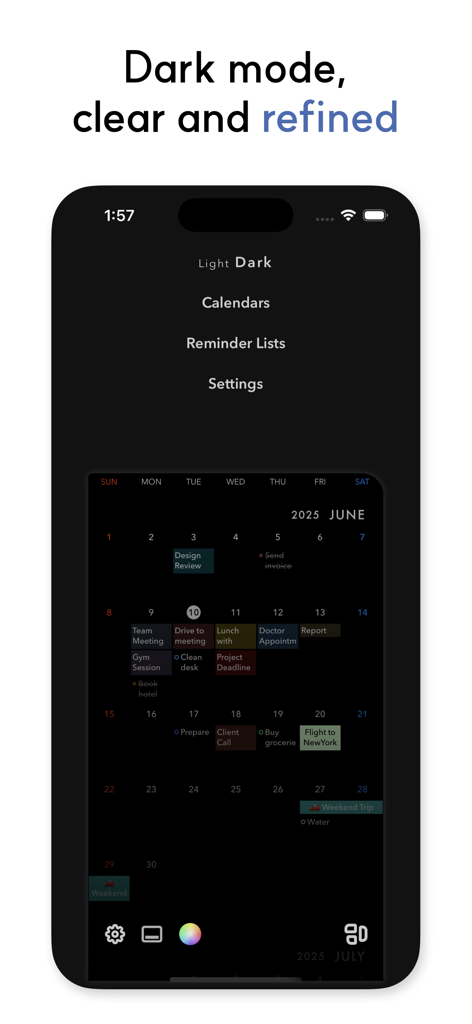 Across Modern Calendar app interface featuring a refined dark mode monthly schedule view.