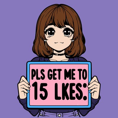 realistic girl holding up a sign that says “pls get me to 15 likes!”