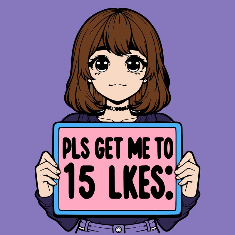 realistic girl holding up a sign that says “pls get me to 15 likes!”