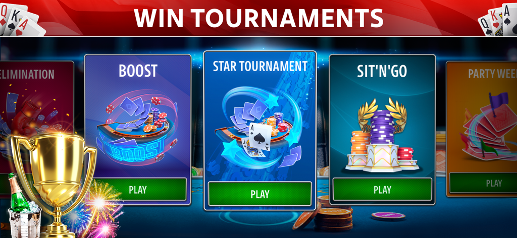 Tournament selection screen in Set Poker by Pokerist app showing Boost Star Tournament and Sit n Go options