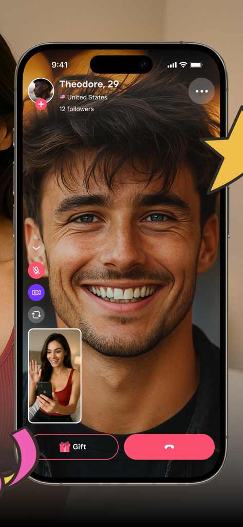 HIYAK - Video Chat & Live Call - Interface do aplicativo HIYAK mostrando uma videochamada individual entre duas pessoas