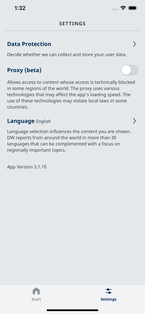 The settings screen of the DW Breaking World News app showing data protection language and proxy options