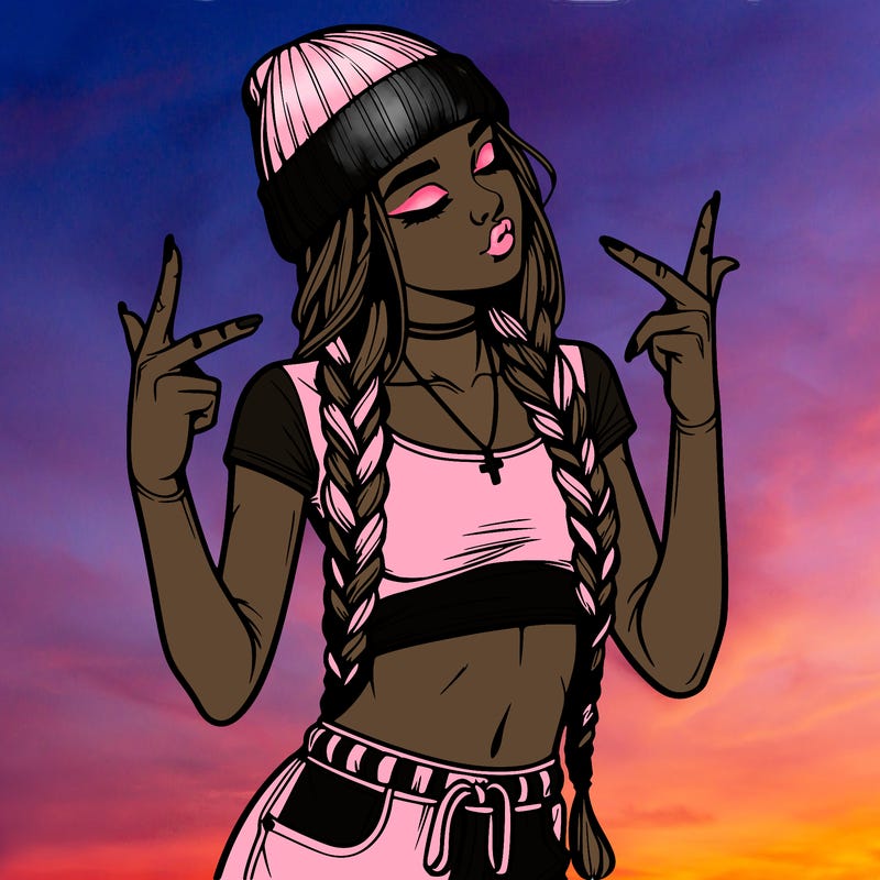 realistic teenage girl with braids and a beanie and crop top doing 🫶🏼