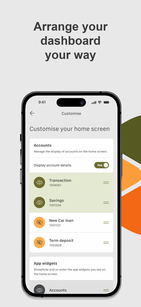 Bank Orange - Screenshot dell'app mobile Bank Orange che mostra come personalizzare la schermata iniziale e organizzare i dashboard dei conti.