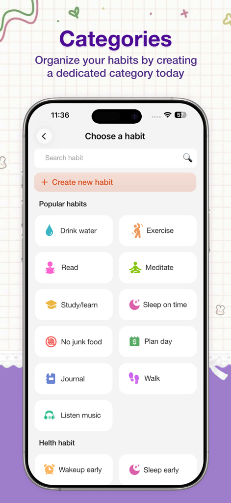 Minimalist interface of Pure Habit app displaying popular habit categories and a search bar