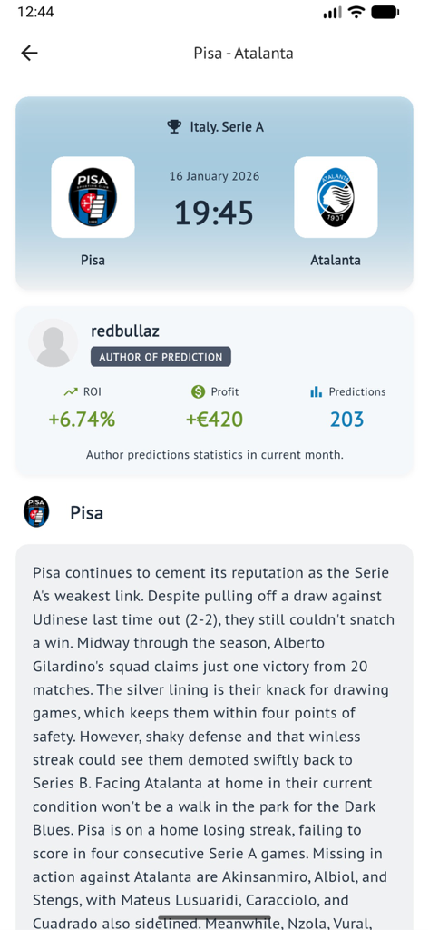 Betzona - Sports betting tips - A match prediction in the Betzona app showing expert analysis for a football game and tipster performance stats