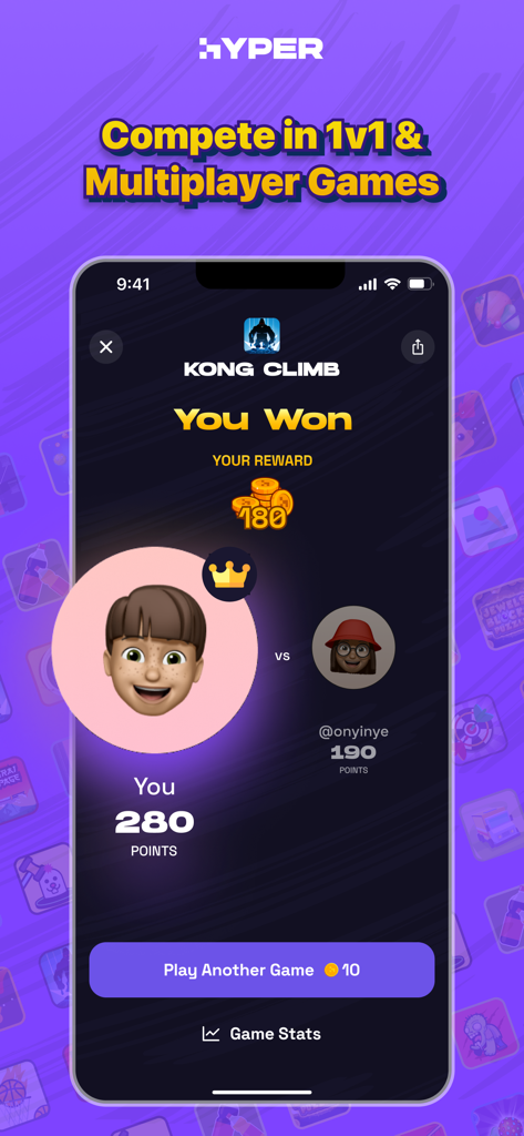 Hyper app interface showing a 1v1 win screen for the game Kong Climb with points and rewards