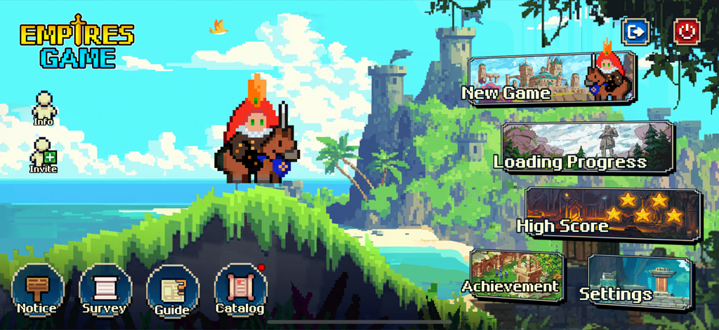 Empires Game - Menú principal de Empires Game con un caballero pixel art retro a caballo y botones de navegación del juego.