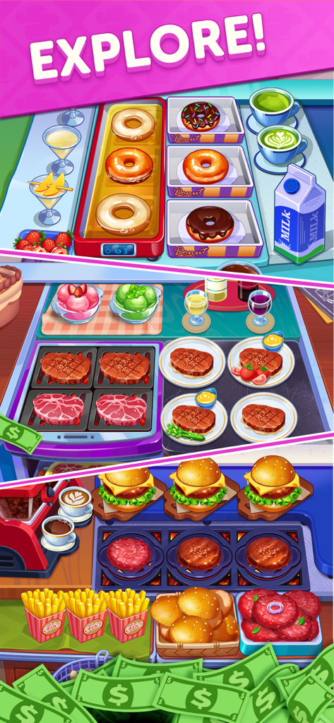 Gameplay screenshot of Cooking Cash showing donut steak and burger kitchen levels