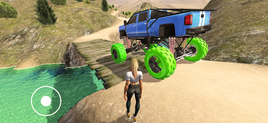 Offroad Driving School 4x4 - A customized blue monster truck with neon green wheels on a wooden bridge in Offroad Driving School 4x4.
