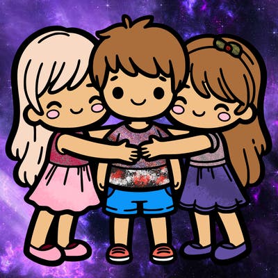 boy and 2 girls hugging