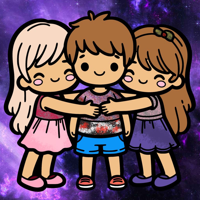boy and 2 girls hugging