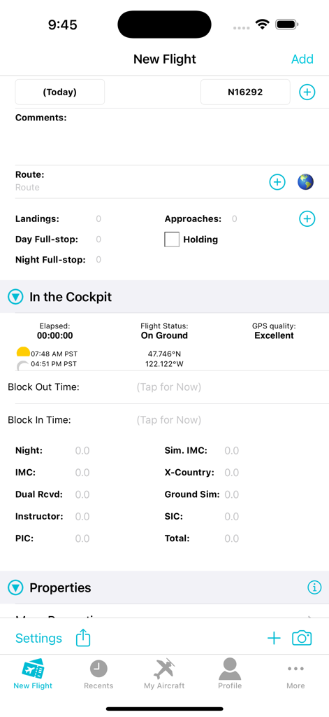 Nouvel écran de saisie des vols dans l'application de carnet de vol MyFlightbook