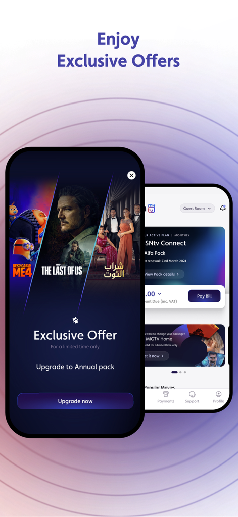 Interface of the myOSNtv app displaying exclusive upgrade offers and subscription management options on two smartphones.