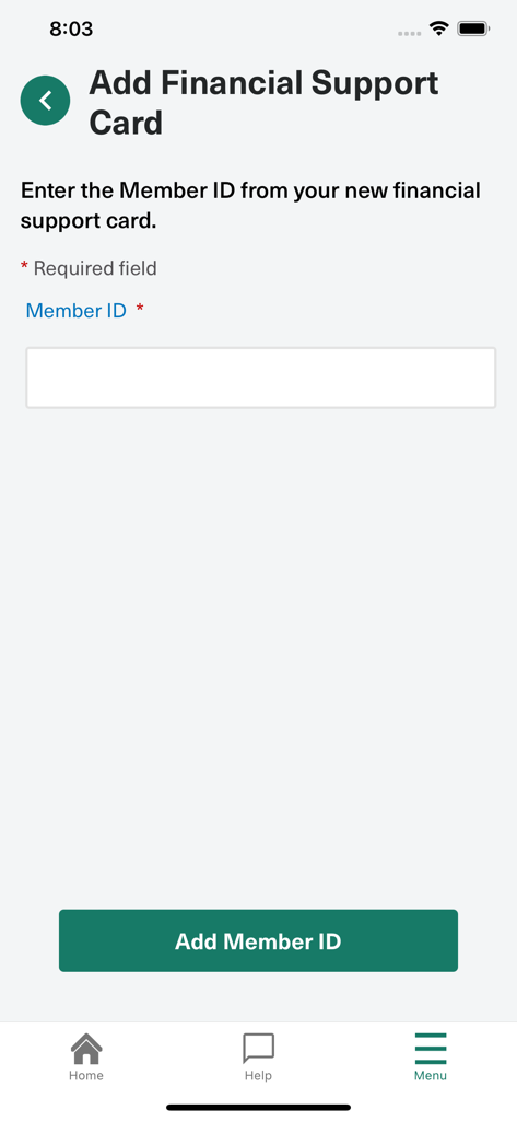 MyRx Care Support - A screen in the MyRx Care Support app where users can enter their financial support card member ID