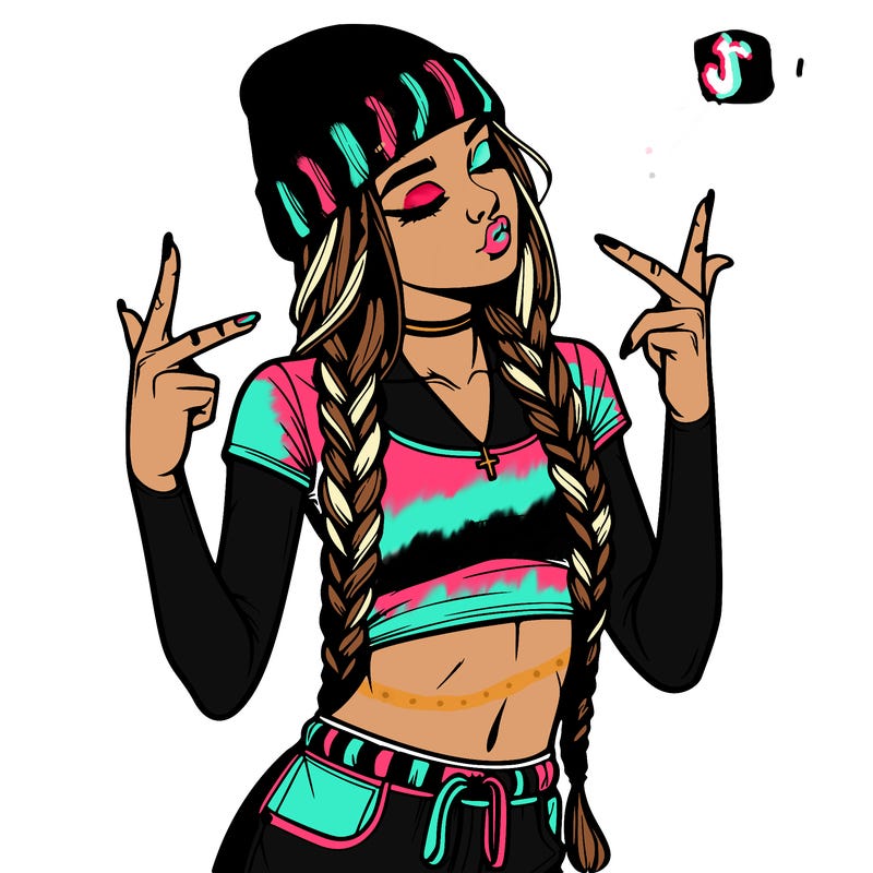 realistic teenage girl with braids and a beanie and crop top doing 🫶🏼