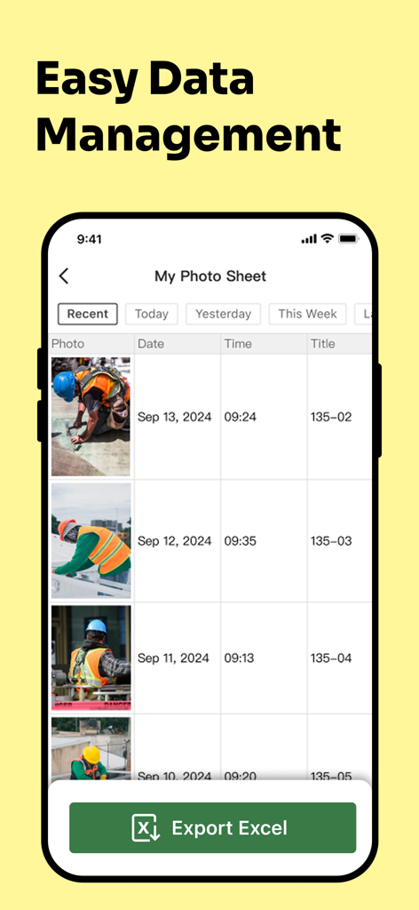 Timemark app interface showing a photo sheet of construction work with an Excel export button
