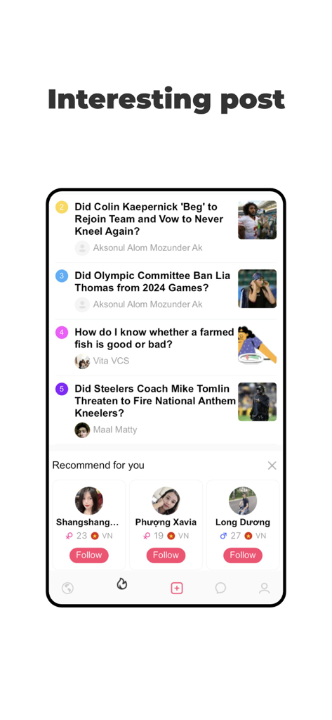 Chato-Live - Chato-Live mobile app interface displaying a list of trending questions and recommended user profiles