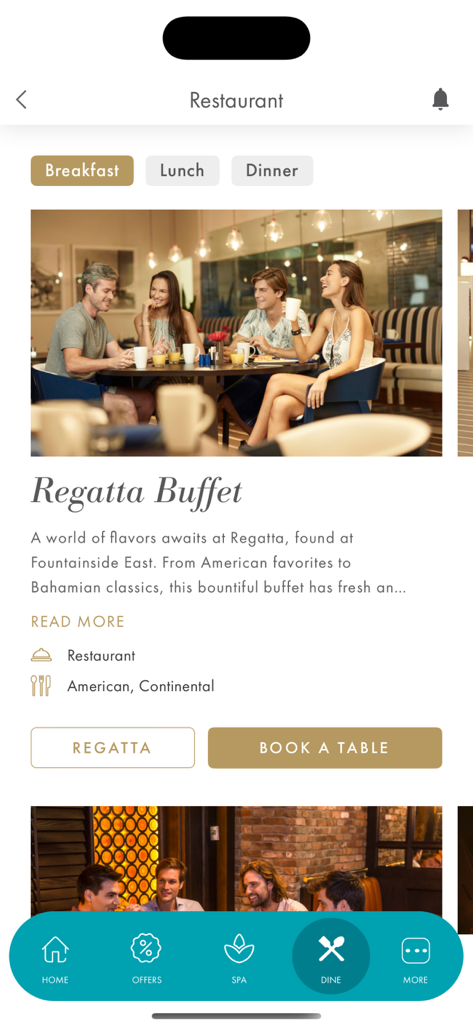 Experience Baha Mar - A screenshot of the Experience Baha Mar app showing the restaurant booking screen for the Regatta Buffet.