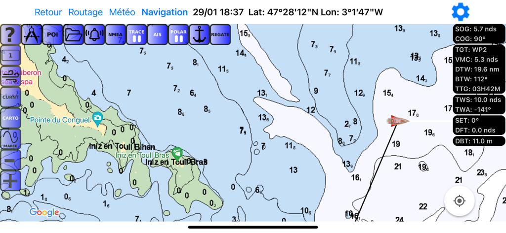 Avalon Offshore Mobile App Navigationsschnittstelle mit Küsten-Seekarten und Echtzeit-Segeldaten