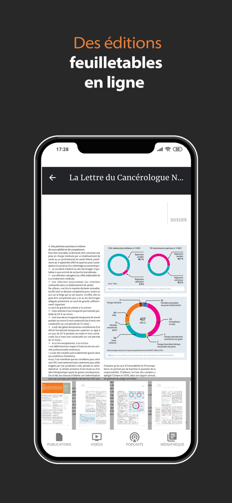 Edimark - Edimark app displaying a specialized oncology journal with data charts and research text.