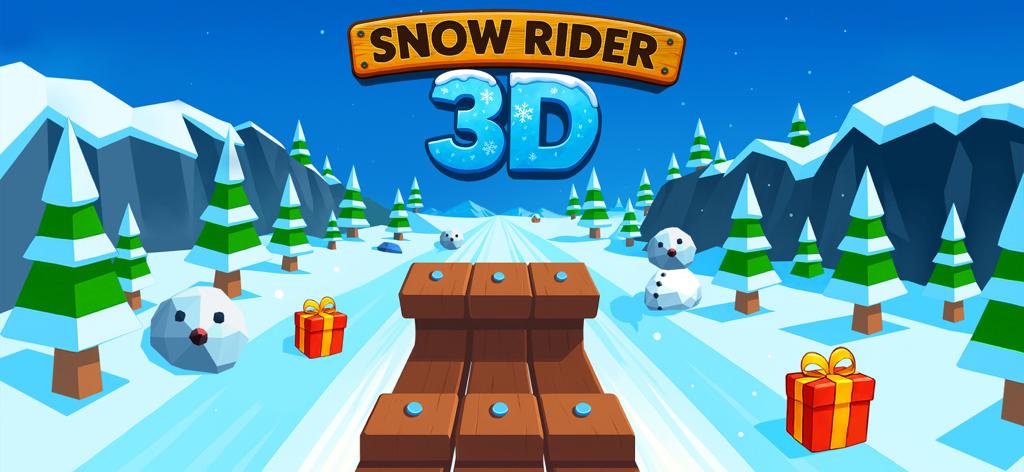 Interfaz del juego Snow Rider 3D que muestra un camino nevado de montaña con cajas de regalo y pinos