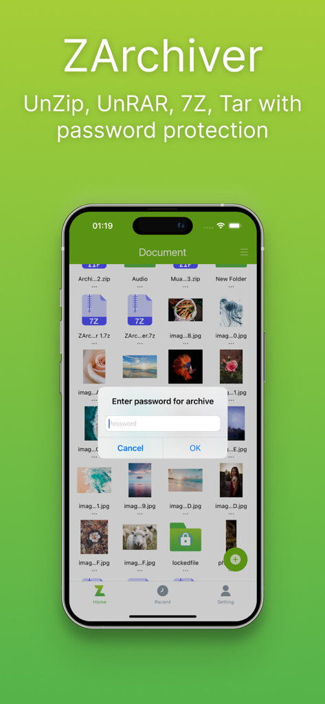 ZArchiver: UnZip, UnRar, 7Z - Interface do aplicativo ZArchiver mostrando um prompt de senha para abrir um arquivo no iPhone