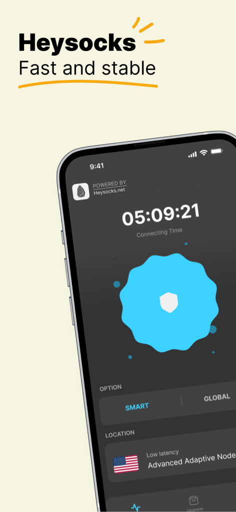 Heysocks VPN app interface showing a secure connection timer and a low latency US server node