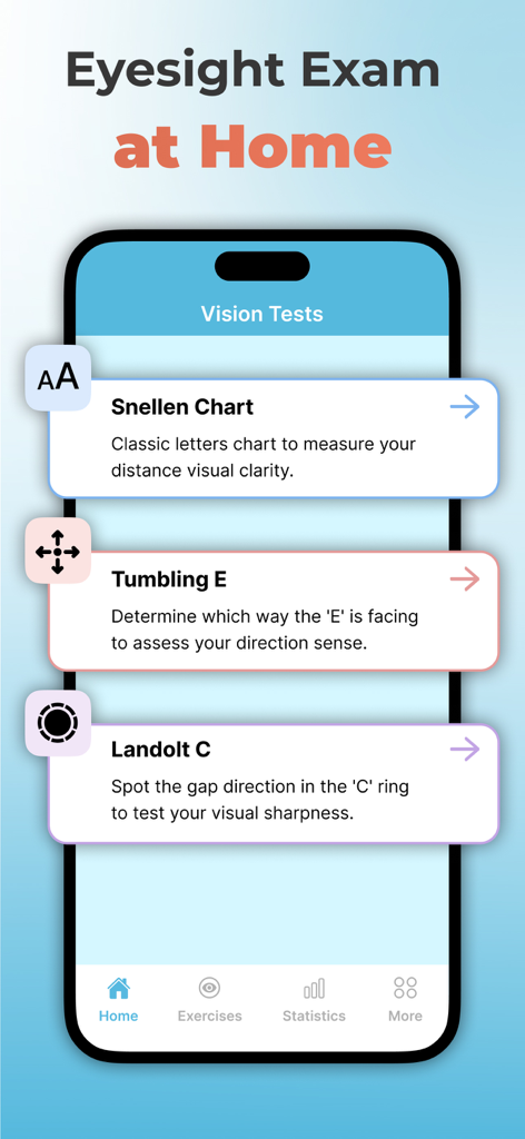 Eye Test & Exercises :Vision 7 - Interfaz de la aplicación Vision 7 mostrando opciones de examen de la vista, incluyendo la Tabla de Snellen y Landolt C