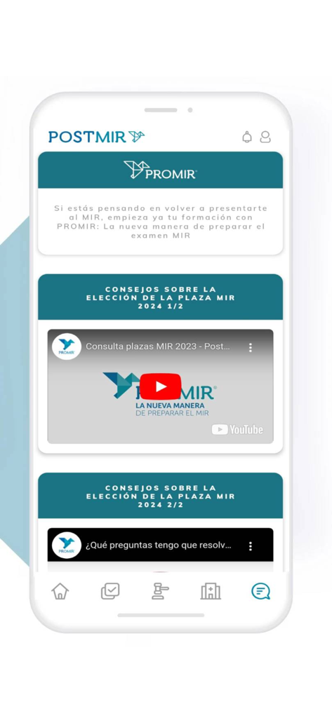 PostMIR - PostMIR mobile app home screen showing video tips for selecting a medical residency seat in Spain.