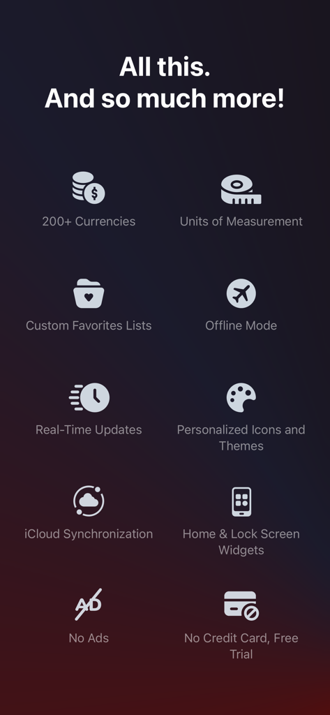 Una pantalla que muestra varias características de la aplicación Convertidor de Divisas Super, incluyendo modo sin conexión, sincronización de iCloud y actualizaciones en tiempo real.