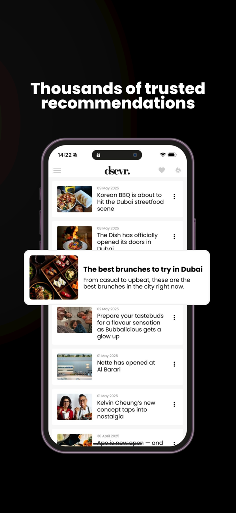Uma interface de aplicativo móvel exibindo notícias curadas e recomendações de estilo de vida para Dubai, incluindo gastronomia e eventos