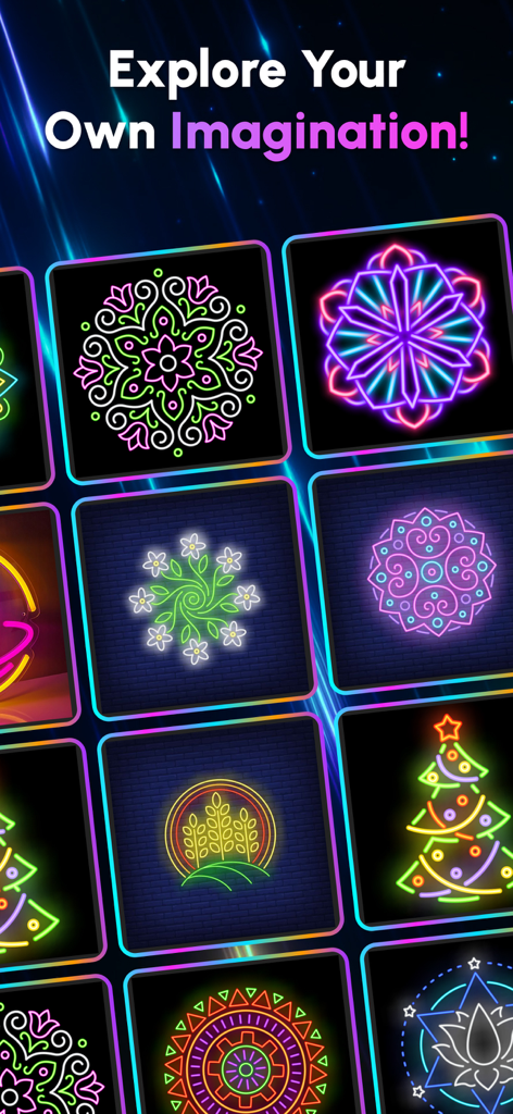 Uma grade de desenhos vibrantes de neon e mandalas em um fundo escuro mostrando as possibilidades criativas do aplicativo.