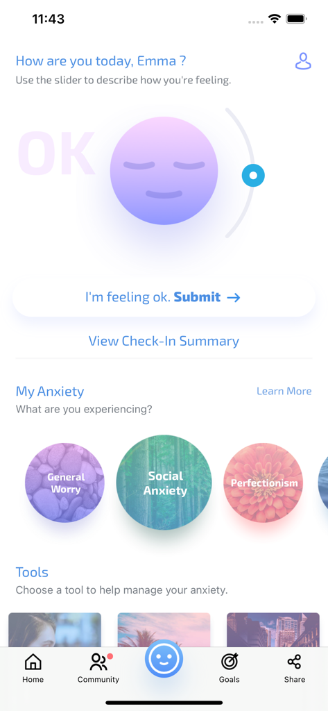 MindShift CBT app home screen showing a daily mood check in slider and anxiety management categories like social anxiety and perfectionism