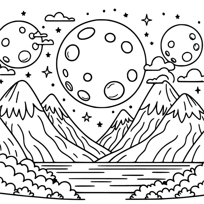 moons and mountains with a lake