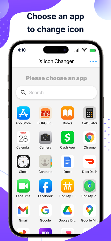 Interfaz de X Icon Changer mostrando una lista de aplicaciones móviles disponibles para la personalización de iconos