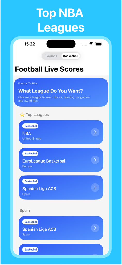 Footballify - Live Score808 - Footballify app interface showing a list of top basketball leagues including the NBA and EuroLeague
