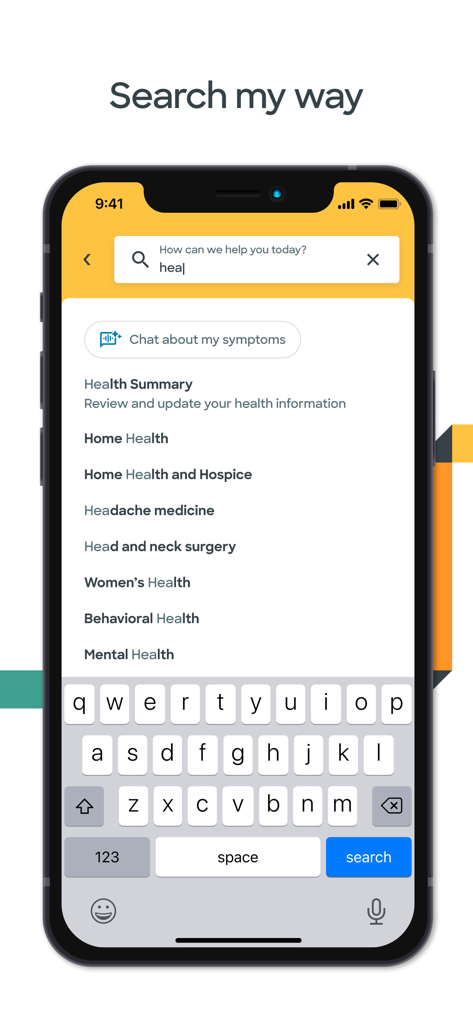 MyBSWHealth - Search screen of the MyBSWHealth app showing medical categories and a symptoms chat option