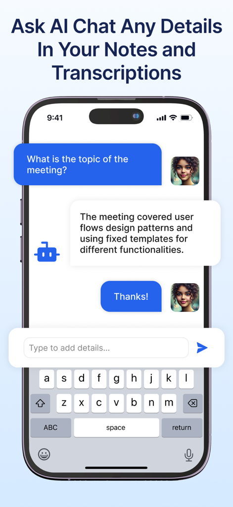 Transkriptor - Speech to Text - Mobile app screen showing Transkriptor AI chat summarizing meeting notes
