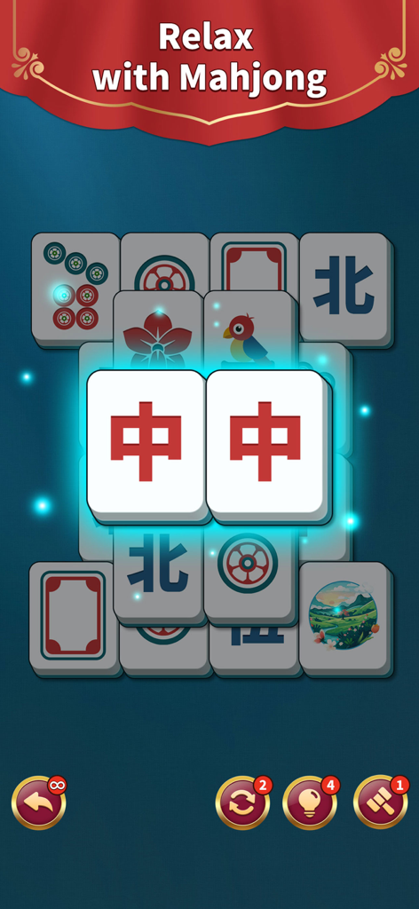 Mahjong Solitaire: Match Game - Un plateau de Mahjong Solitaire montrant deux tuiles associées brillant avec le texte Détendez-vous avec Mahjong.