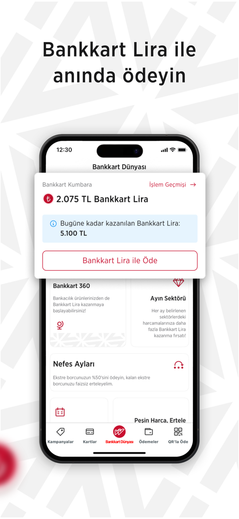 Bankkart Mobil - Interface d'une application mobile de Ziraat Bank montrant le solde des points de récompense et une option pour payer avec des Bankkart Lira.