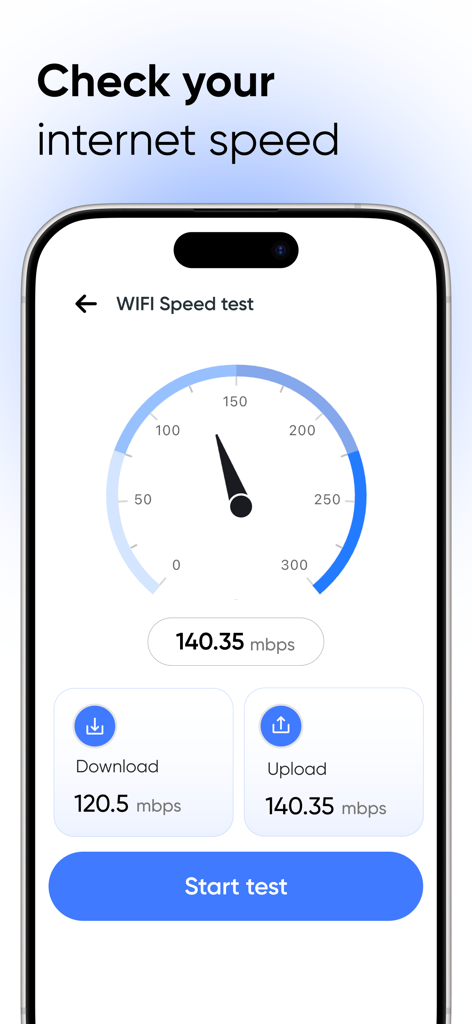 All Router Admin Setup Control - Interfaz de prueba de velocidad WiFi mostrando velocidades de descarga y carga en Mbps.